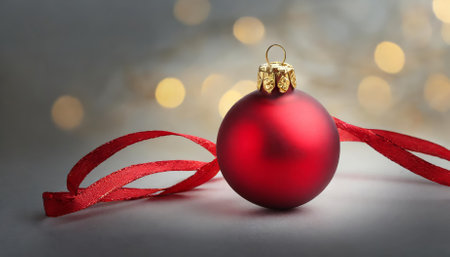A vibrant red Christmas ball ornament displayed against a clean white backdrop. This high-resolution image is ideal for Christmas decorations, greeting card designs, festive marketing materials,の素材