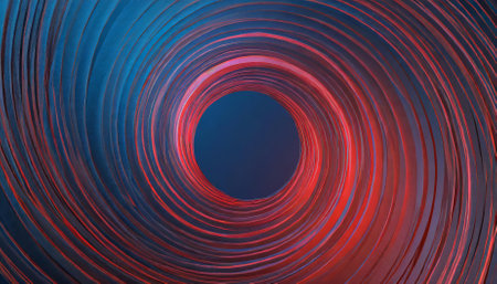 Vibrant red and blue spiral with a rotating circular orbit against a minimalist abstract backdrop, offering an eye-catching design for various creative projects, presentations, or promotionalの素材