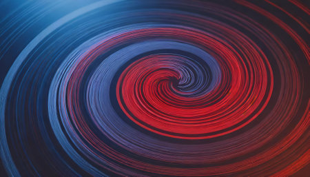A visually stunning abstract image featuring a dynamic red and blue spiral with circular orbit rotation. This design is ideal for creative projects, futuristic concepts, and presentations with aの素材