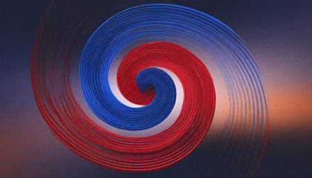 Vibrant red and blue spiral featuring an elegant circular orbit rotation, forming a sleek abstract background. The design provides a versatile space for text, ideal for futuristic, digital, orの素材