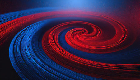A visually striking abstract image featuring intertwined red and blue spirals forming a circular orbit. This design is perfect for creative, futuristic, and professional backgrounds with roomの素材