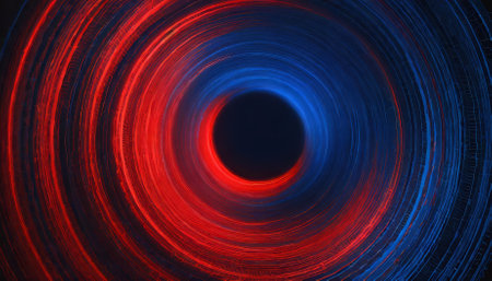 A striking red and blue spiral with an intricately circular orbit rotation, creating a futuristic abstract background. This versatile design offers space for text, making it ideal for creative orの素材