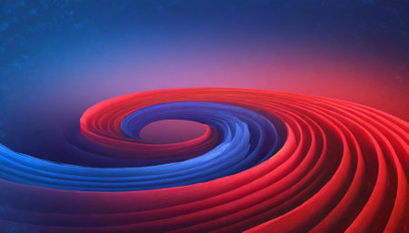 A captivating abstract background showing a vibrant red and blue spiral in circular orbit rotation. This design is ideal for modern visual projects, presentations, and artistic expressions,の素材