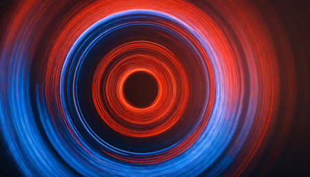 Striking abstract image of a red and blue spiral with circular orbit rotation, showing vibrant motion and fluidity, ideal as a versatile background with ample text space.の素材