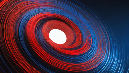 A mesmerizing red and blue spiral with a circular orbit, rotating dynamically on a sleek abstract background. The design combines vibrant colors, motion, and clean space, perfect for creativityの素材