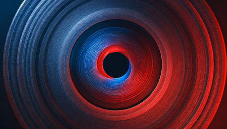 A strikingly abstract image showing a red and blue spiral with circular orbit rotation. The intricately gradients and vivid colors offer a versatile background perfect for adding text or artisticの素材