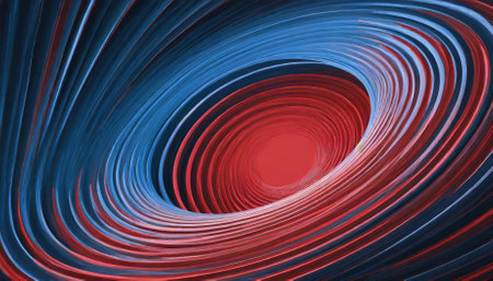 Vibrant red and blue spiral abstract background showcasing circular orbit rotation, offering a dynamic and modern aesthetic with ample space for text. Perfect for creative designs and digitalの素材