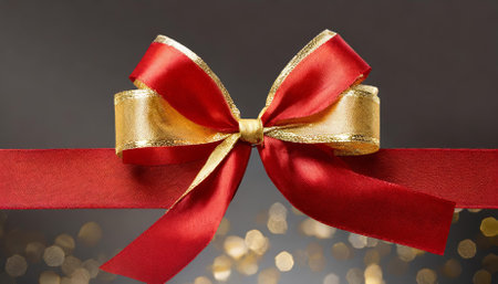 A vibrant red ribbon and a stylish decorative bow featuring gold accents, isolated on a transparent background. Perfect for gift wrapping, festive promotions, holiday graphics, and luxuriousの素材