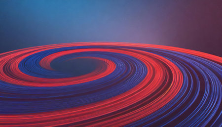Abstract red and blue spiral pattern showcasing mesmerizing circle orbit rotation. This dynamic background design offers ample space for text, making it ideal for creative, digital, andの素材