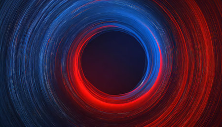 Immerse in a vivid red and blue spiral featuring captivating circle orbit rotation. This abstract background offers versatile space for text, ideal for creative or professional projects.の素材