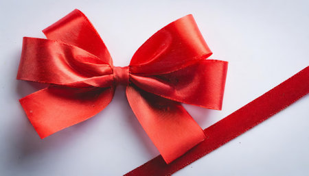 A striking red bow positioned on a pristine white background, embodying elegance and festivity. Ideal for use in holiday promotions, gift packaging, invitations, digital designs, or celebrationの素材