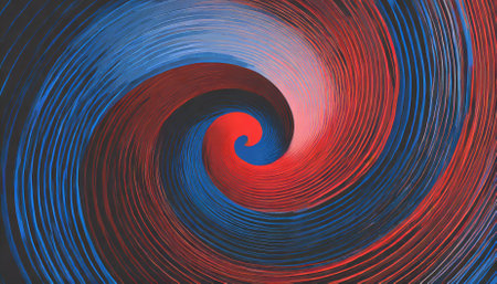 An eye-catching abstract image featuring a red and blue spiral with circular orbit rotation. The design is versatile, ideal for use in digital art, presentations, or creative backgrounds,の素材