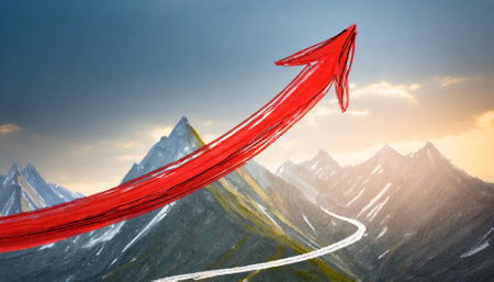 This hand-drawn red arrow line exudes dynamic energy, symbolizing growth, upward trends, progress, or success. Its unique sketch style is perfect for presentations, reports, or creative businessの素材