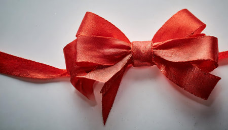 A vivid red bow with a polished loop design sits strikingly on a pristine white background, ideal for Christmas, Valentine's Day, weddings, birthdays, and various seasonal or festive digital andの素材
