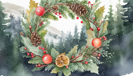 Beautiful retro Christmas wreath watercolor illustration ideal for holiday projects. Perfect for cards, invitations, branding, decor, or creative crafts. Nostalgic and elegant seasonal artwork.の素材