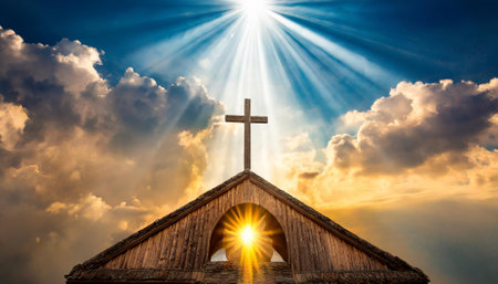 This captivating image portrays a religious celestial sky, bathed in divine light, with a radiant aura symbolizing the souls transcendence. It exudes spirituality, peace, and a sense of eternalの素材