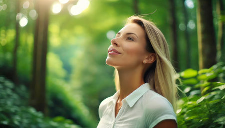 A serene woman stands in a vibrant green forest, inhaling the refreshing air amidst lush foliage. The tranquil scene captures the essence of relaxation, natures beauty, and the rejuvenatingの素材