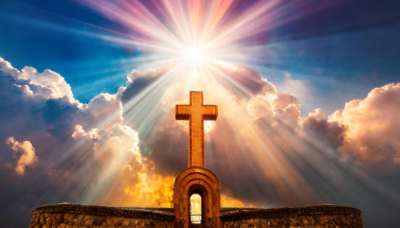 This breathtaking image captures a celestial expanse filled with radiant light, portraying a spiritual aura that reflects transcendence, divinity, and the soul's connection to the universe,の素材