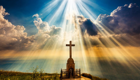 This stunning artwork portrays a religious celestial sky illuminated by a glowing aura symbolizing the soul. The ethereal light and tranquil atmosphere inspire spiritual reflection, inner peace,の素材