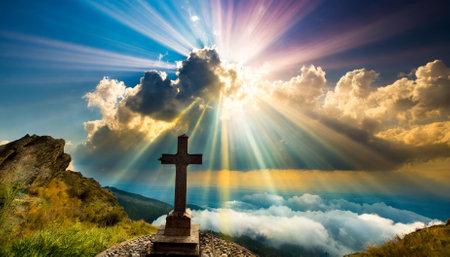 This captivating image showcases a luminous celestial sky filled with divine hues and a radiant aura of soul, symbolizing spirituality and universal connection. A serene tribute to faith andの素材