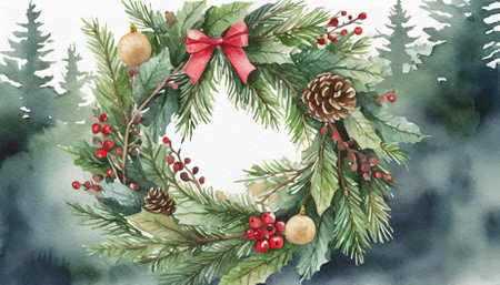 A retro-style Christmas wreath in stunning watercolor, perfect for holiday-themed projects like invitations, cards, dÃ©cor, or crafts. This vibrant artwork adds charm and festive cheer to anyoneの素材