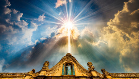 An awe-inspiring depiction of a religious celestial sky bathed in a divine aura, blending radiant light, ethereal cloud formations, and spiritual motifs to convey the essence of cosmic serenityの素材