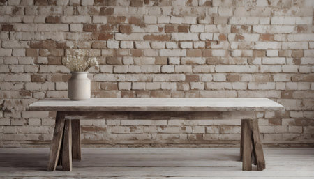 This backdrop features a rustic exposed brick wall paired with a weathered farmhouse table, ideal for minimalist product photography, food styling, vintage aesthetics, or branding with timelessの素材