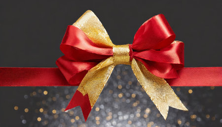 A high-quality, vibrant red ribbon and bow adorned with gold accents, seamlessly isolated on a transparent background. Ideal for graphic design, festive occasions, wrapping gifts, banners, andの素材