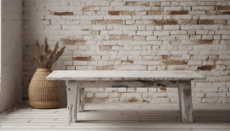 Rustic exposed brick wall paired with a worn farmhouse table creates a natural minimalist backdrop, ideal for product photography, vintage-inspired designs, and earthy decor settings with aの素材