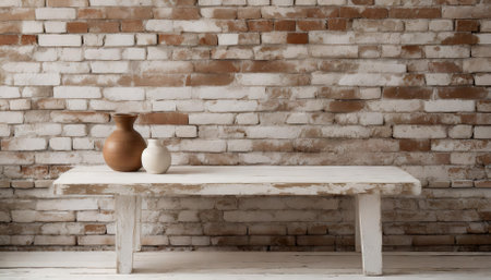 This image features a rustic exposed brick wall paired with a weathered farmhouse table, creating a warm minimalist backdrop ideal for product photography, vintage-style decor, or brandingの素材