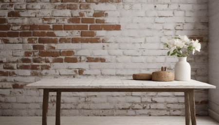 This rustic exposed brick wall with a worn farmhouse table creates a minimalist product backdrop, offering an authentic vintage charm and natural textures perfect for product photography,の素材