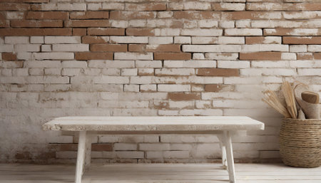 Rustic exposed brick wall paired with a worn farmhouse table creates a minimalist product photography backdrop. Its natural textures and neutral tones add vintage warmth, ideal for stylishの素材