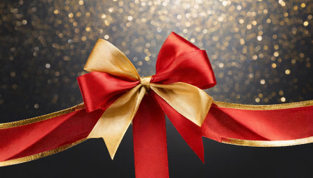 High-resolution image of a luxurious red ribbon and bow with golden details isolated on a transparent background. Perfect for enhancing gift designs, festive events, holiday marketing, orの素材