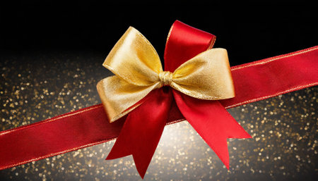Luxurious red ribbon paired with a gold-trimmed bow, isolated on a transparent background for versatile use in holiday themes, gift presentations, digital designs, invitations, or festiveの素材