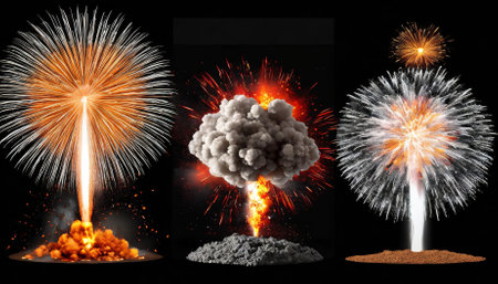A versatile set of high-quality explosion effects isolated on a transparent background, perfect for enhancing animations, film projects, digital art, and gaming environments with dynamic visualの素材