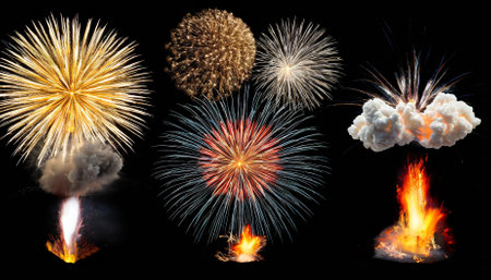 Download this premium set of realistic explosions isolated on a transparent background, featuring fiery blasts, smoke effects, and dynamic visuals perfect for graphic design, animation, andの素材