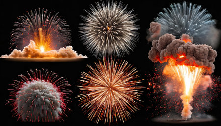 A premium collection of realistic explosions isolated on transparent backgrounds. Includes vibrant fire, smoke, and debris effects, ideal for video editing, graphic design, animation, andの素材