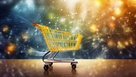 High-quality shopping cart illustration emphasizing ecommerce and business themes, creatively styled with engaging visuals to depict modern online shopping and innovative digital commerce in aの素材