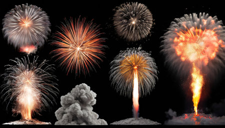 Set of explosions isolated on a transparent background for versatile use in graphic design, video editing, and digital art. Features high-resolution details for creating realistic and dynamicの素材