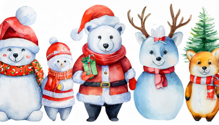 This watercolor artwork showcases a whimsical collection of winter-inspired characters, including a polar bear, fox, penguin, and snowman, delicately painted and isolated on a white backgroundの素材