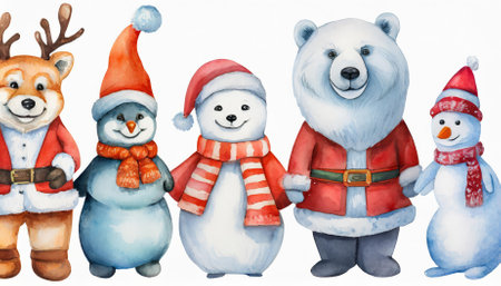 This charming watercolor illustration features a delightful set of winter-themed characters, including a polar bear, fox, penguin, and snowman, isolated on a white background. Perfect forの素材