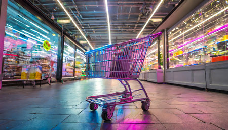 This image highlights a neon-colored shopping cart set against a modern retail backdrop, offering a stylish representation of contemporary store designs. Ideal for branding, marketing, orの素材