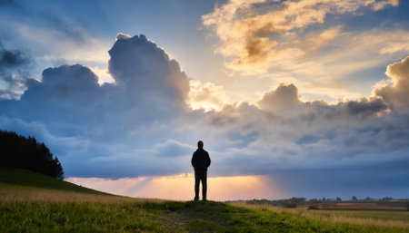 A mesmerizing scene showcasing the silhouette of a lone individual gazing toward the heavens. This visually striking image captures the essence of solitude, contemplation, and the beauty of aの素材