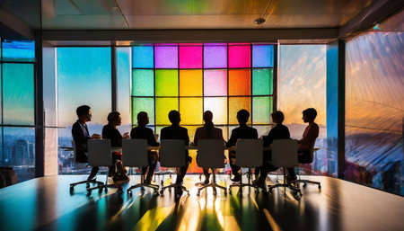 This captivating image showcases silhouetted figures engaged in discussion in a contemporary meeting room. The vibrant, colorful window adds a striking contrast, symbolizing innovation,の素材