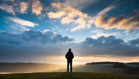 This striking image captures the silhouette of an individual, seemingly lost in thought, as they gaze into a celestial sky. Surrounded by a surreal, otherworldly landscape, the scene evokesの素材