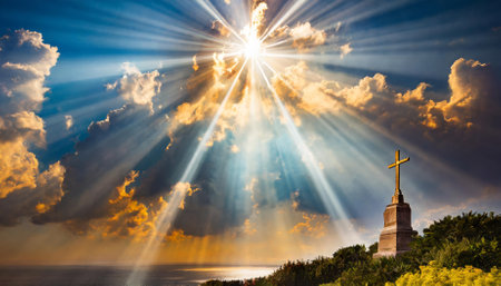 An awe-inspiring visual showcasing a religious celestial sky with vivid colors, glowing auras, and a soulful ambiance that evokes spiritual transcendence, peace, and the profound connection withの素材