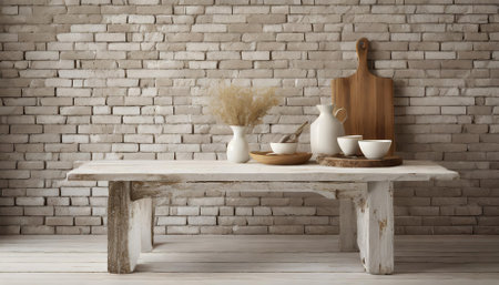 This rustic exposed brick wall pairs seamlessly with a worn farmhouse table to create a minimalist yet inviting backdrop, ideal for product photography, home dÃ©cor, or warm vintage-inspiredの素材