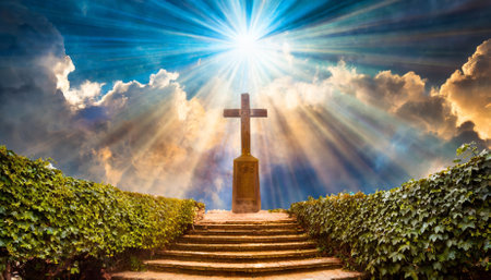 A breathtaking depiction of a religious celestial sky with vibrant colors and a radiant aura, symbolizing the souls journey, divine energy, and spiritual harmony in a transcendent heavenly scene.の素材