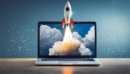 Illustration of a rocket emerging from a laptop screen symbolizing innovation, creativity, technological progress, futuristic ideas, and the boundless potential of the digital era in modernの素材