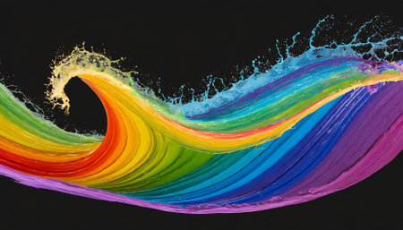 A captivating rainbow wave featuring an explosion of vibrant colors in a dynamic paint splash design. This isolated abstract art element on a transparent background enhances creative, modern,の素材